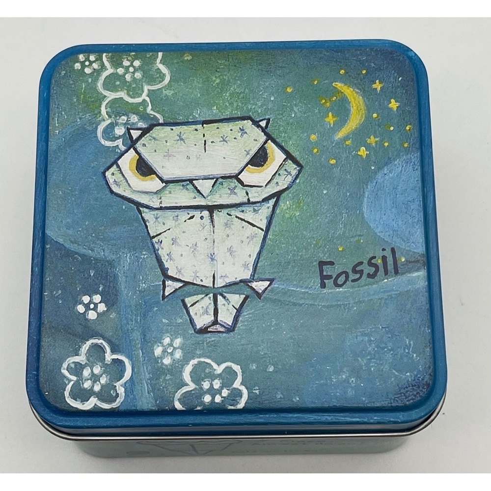 Vintage FOSSIL Watch Tin Blue Origami Owl Night Sky Collectible Box 2004 Y2K